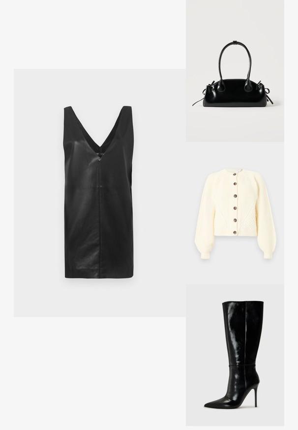 Cardigan crème en maille torsadée avec manches ballon et six boutons foncés sur le devant, présenté sur fond blanc.; Robe en cuir sans manches noire avec décolleté en V profond et détail de couture centrée, présentée sur un fond blanc uni.; Bottes noires en cuir, hautes jusqu'au genou, avec un bout pointu et un talon aiguille haut. Texture lisse et design épuré, avec un minimum de détails.; Petit sac à main noir brillant avec deux longues anses et des détails à cordon sur les côtés sur un fond clair uni.