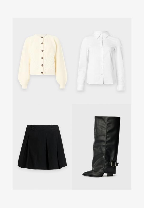 Cardigan crème en maille torsadée avec manches ballon et six boutons foncés sur le devant, présenté sur fond blanc.; Chemise blanche à manches longues avec boutons, col pointu, ourlet droit et silhouette ajustée, présentée sur un fond clair uni.; Jupe plissée noire avec ceinture et détail bouton, longueur genou, en tissu lisse, présentée sur un fond clair uni.; Bottes noires en cuir longueur cheville avec un bout pointu, texture lisse et une accent en boucle argentée sur le côté. Talon carré épais.