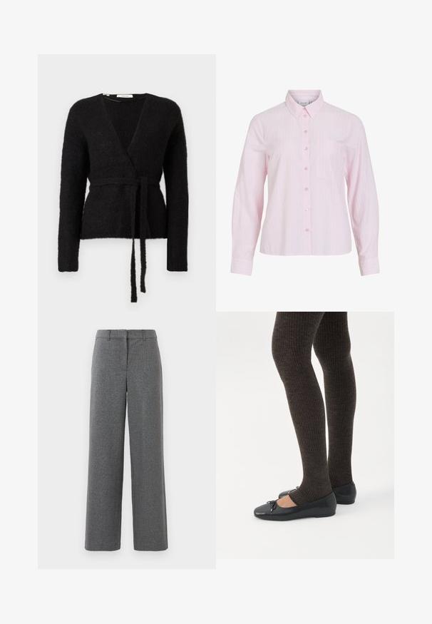 Musthave mustariga musta kampsun, pika varrukaga ja sobiva vööga, seotud talje kohal, esitlemisel valgel taustal.; Hele roosa pikkade varrukatega särk, millel on vertikaalsed valged triibud, nööbitav ees, krae ja vasakul rinnatasku. Sile puuvillane kangas.; Hallid hallid püksid tekstureeritud, kudumiskangast. Laia säärega disain, lapik esiosa ja nähtamatud kinnitusdetailid või aksessuaarid. Sobivad ametlikuks kandmiseks.; Jalad seljas tumedad soonelises soonelises kombines mustade baleriinadega, millel on väikesed paelade detailid valgel taustal.