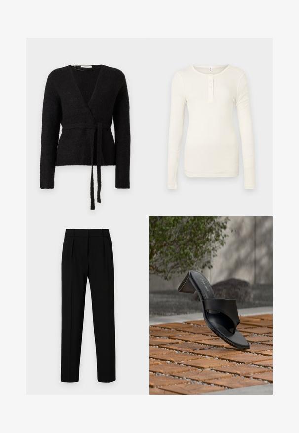 Musthave mustariga musta kampsun, pika varrukaga ja sobiva vööga, seotud talje kohal, esitlemisel valgel taustal.; Kreemikas pikaveeline henley-särk soonikul kangast, millel on ümmargune kaelus ja nelja nupuga nööpidega plastron.; Mustad sobranikud, sirge lõikega, volditud esiosa, läikiv kangas ja keskmise suurusega vöökoht. Ei ole nähtavaid taskuid ega metalldetailide. ; Mustad Calvin Kleini kontsadega sandaal varbatsükliga, paikneval puidust plaatpõrandal õues puu ja kivimüüri lähedal.