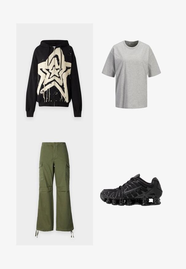 Sort lynlås hættejakke med en stor cremefarvet stjernegrafik og dryppende maleffekt. Tekstureret stof med lange ærmer og en hætte med snørre.; Lysegrå T-shirt med korte ærmer og rund hals med lille hvid "JJXX STUDIO"-logo centreret på brystet.; Olivengrønne cargo-buksen i bomuld med bred ben-design, to sidelommer og justerbare snore ved kanten.; Sort atletisk sko med mesh-overdel og glatte overlays. Har buet spiralbøsningsdæmpning og strukturerede linjer på siden. Nike-logoet er synligt.