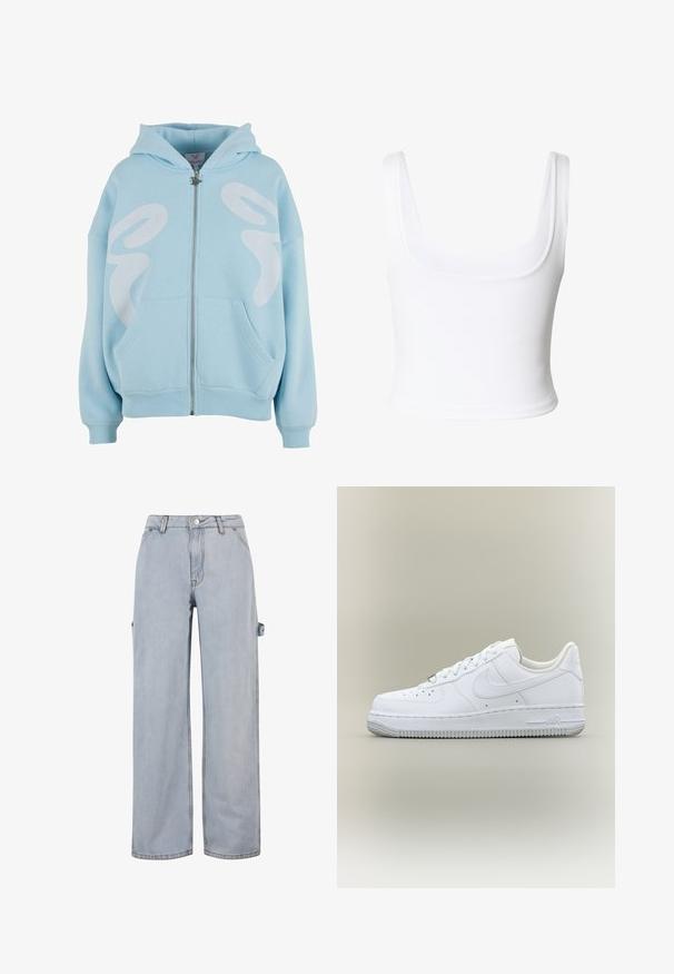 Lichtblauwe rits hoodie gemaakt van zachte stof, met een groot wit grafisch ontwerp op de voorkant, kangoeroezakken en geribde manchetten.; Witte cropped tanktop met brede bandjes en een vierkante halslijn gemaakt van gladde stof.; Lichtblauwe denim jeans met een wijde pijp, knoop- en ritssluiting, riemlussen en een zijdetail met lus aan één pijp. Geen zichtbare slijtage.; Witte lage Nike Air Force 1 sneaker met veters, geperforeerde neus en gestructureerde rubberen zool op neutrale achtergrond.