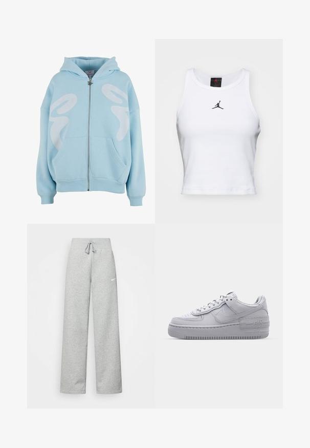 Svetlo modrá mikina na zips vyrobená z mäkkého materiálu, so skvelým veľkým bielym grafickým dizajnom na prednej strane, kengúrkovými vreckami a ribbed manžetami.; Biely crop tank top vyrobený z bavlny s rebrovanou textúrou. Obsahuje čierne logo Jordan v strede a klasický okrúhly výstrih.; Šedé tepláky s elastickým pásom, detailom na šnúrku a malým bielym logom Nike na ľavom stehne. Mäkká tkanina, voľný strih.; Šedé tenisky Nike Air Force 1 s perforovanou špičkou, hladkým koženým zvrškom, hrubou podrážkou a embosovaným detailom 'AIR' na päte.