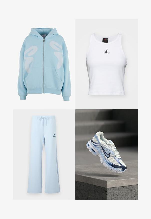 Sudadera con cremallera de color azul claro, hecha de tela suave, que presenta un gran diseño gráfico en blanco en el frente, bolsillos tipo canguro y puños acanalados.; Top corto blanco de algodón con textura acanalada. Cuenta con un logo negro de Jordan en el centro y un clásico escote redondo.; Pantalones deportivos azul claro con un ajuste relajado, cintura con cordón y logo "nike athletics" en azul más oscuro en la pierna delantera. Textura de tela suave.; Zapatilla deportiva blanca y azul claro con logo swoosh azul oscuro flotando sobre un bloque de hormigón gris.
