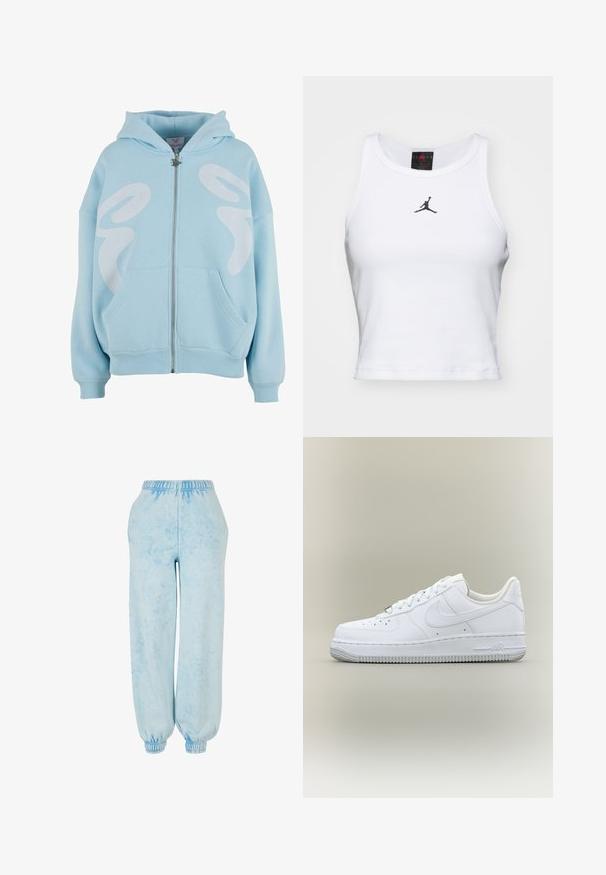 Sudadera con cremallera de color azul claro, hecha de tela suave, que presenta un gran diseño gráfico en blanco en el frente, bolsillos tipo canguro y puños acanalados.; Top corto blanco de algodón con textura acanalada. Cuenta con un logo negro de Jordan en el centro y un clásico escote redondo.; Pantalones de chándal azul claro con un patrón de teñido anudado, cinturilla elástica y tobillos ajustados. Textura de tela suave, corte casual y diseño de costura lateral.; Zapatilla Nike Air Force 1 blanca de caña baja con cordones, puntera perforada y suela de goma texturizada sobre fondo neutro.