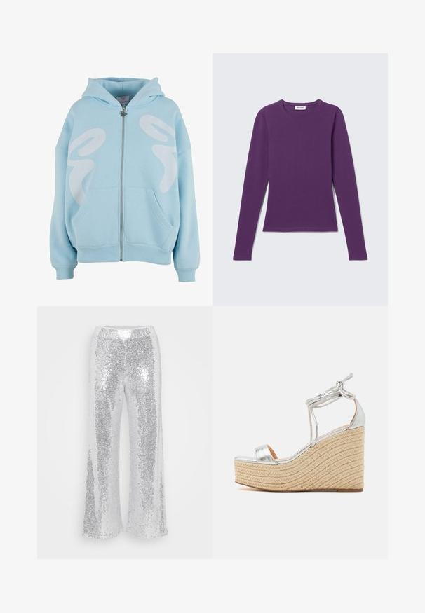 Lys blå zip-up hættetrøje lavet af blødt stof, med et stort hvidt grafisk design på forsiden, kengurulommer og ribbede manchetter.; Lilla langærmet T-shirt med rund hals, slim fit, ensfarvet design med synligt mærke i nakken på en lys grå baggrund.; Sølvfarvede palietbukser med brede ben og høj talje. Stoffet glimter og reflekterer lys, og har en glat, blank tekstur.; Sølvmetallic wedgesandaler med en platform af jute reb, der har en tynd ankelrem og en bred tårem for støtte.