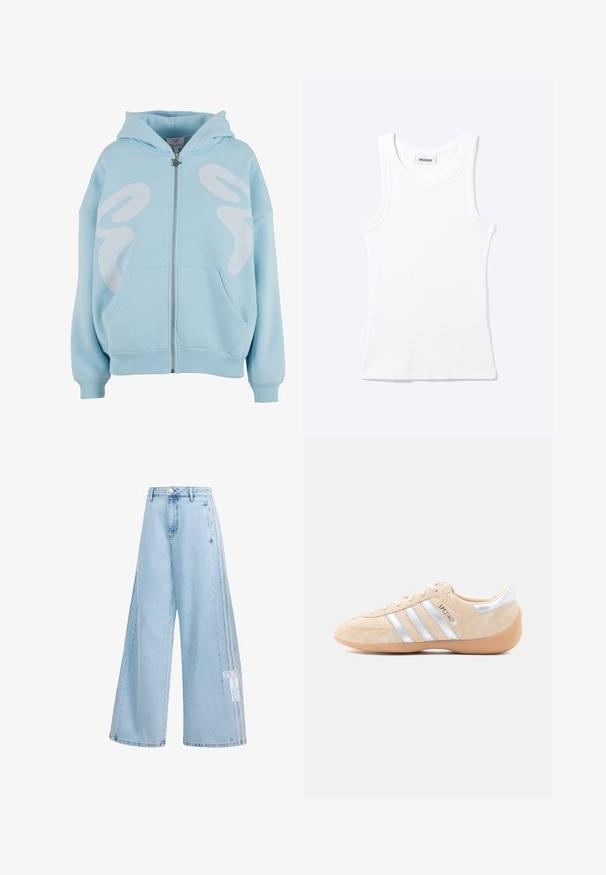 Hoodie zippé bleu clair en tissu doux, avec un grand design graphique blanc sur le devant, des poches kangourou et des poignets côtelés.; Débardeur blanc côtelé sans manches avec encolure ronde et une petite étiquette indiquant "WEEKDAY" à l'intérieur du col.; Pantalon en denim bleu clair à jambes larges avec détail des trois bandes Adidas et patch logo sur la jambe droite, taille haute et fermeture par boutons.; Baskets en daim beige avec accents argentés, trois bandes latérales, semelle en caoutchouc naturel, et détails texturés sur l'orteil et le talon.