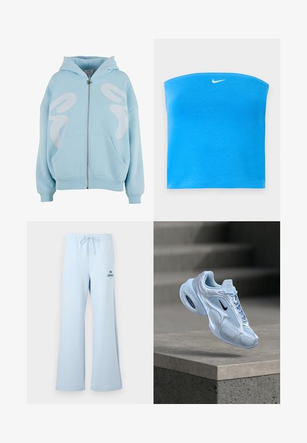 Svetlo modrá mikina na zips vyrobená z mäkkého materiálu, so skvelým veľkým bielym grafickým dizajnom na prednej strane, kengúrkovými vreckami a ribbed manžetami.; Svetlomodrý bezramienkový tube top značky Nike s bielym logom Swoosh umiestneným v strede blízko horného okraja.; Svetlomodré tepláky s voľným strihom, sťahovaním v páse na šnúrku a logom "nike athletics" v tmavšej modrej farbe na prednej nohe. Mäkká textúra látky.; Svetlomodrá športová obuv s sieťovinovými panelmi, zaobleným tvarom, textúrovanými detailmi a čiernym logom. Obsahuje viditeľné vzduchové odpruženie v podrážke.