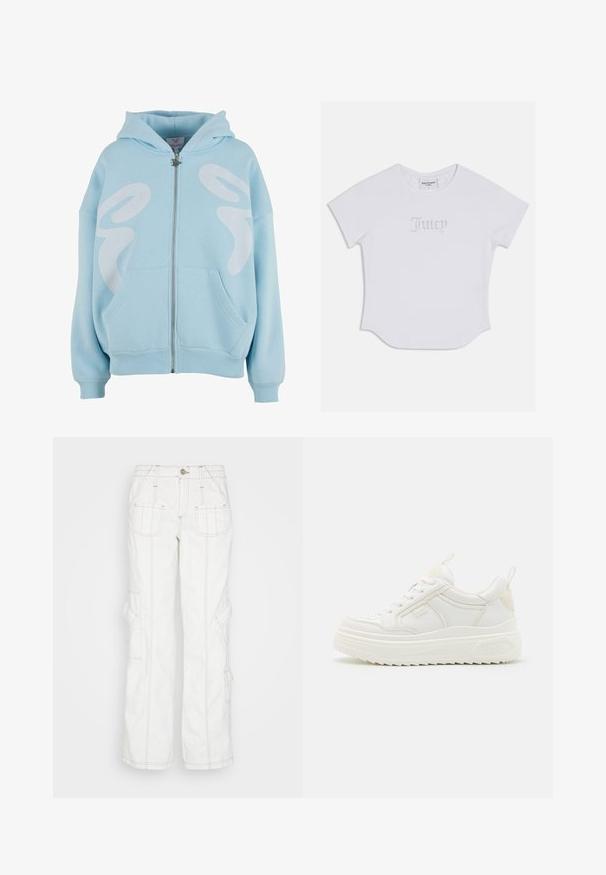 Lichtblauwe rits hoodie gemaakt van zachte stof, met een groot wit grafisch ontwerp op de voorkant, kangoeroezakken en geribde manchetten.; Witte T-shirt met korte mouwen en een afgeronde zoom, met "Juicy" in kristallen versieringen op de voorkant. Zacht katoenmateriaal.; BDG Urban Outfitters Relaxed fit jeans - white; Witte leren sneakers met een stevige zool, vetersluiting en subtiele branding. Heeft een zachte textuur en een ronde neus.