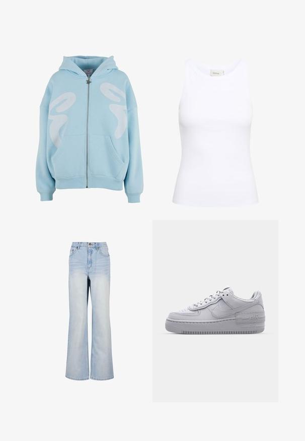 Helleblaue Zip-Hoodie aus weichem Stoff, mit einem großen weißen Grafikdesign auf der Vorderseite, Kängurutaschen und gerippten Bündchen.; Weißes, geripptes Tanktop mit Rundhalsausschnitt und ohne Ärmel. Elastisches Material und figurbetontes Design. Das Etikett auf der Rückseite trägt die Aufschrift "GESTUZ."; Helle blaue, ausgestellte Jeans mit hoher Taille, ausgestattet mit fünf Taschen, einem vorderen Knopfverschluss und subtilen Verblassungen für zusätzliche Textur.; Graue Nike Air Force 1 Sneaker mit perforierter Zehenpartie, Obermaterial aus glattem Leder, dicker Sohle und geprägtem 'AIR'-Detail an der Ferse.