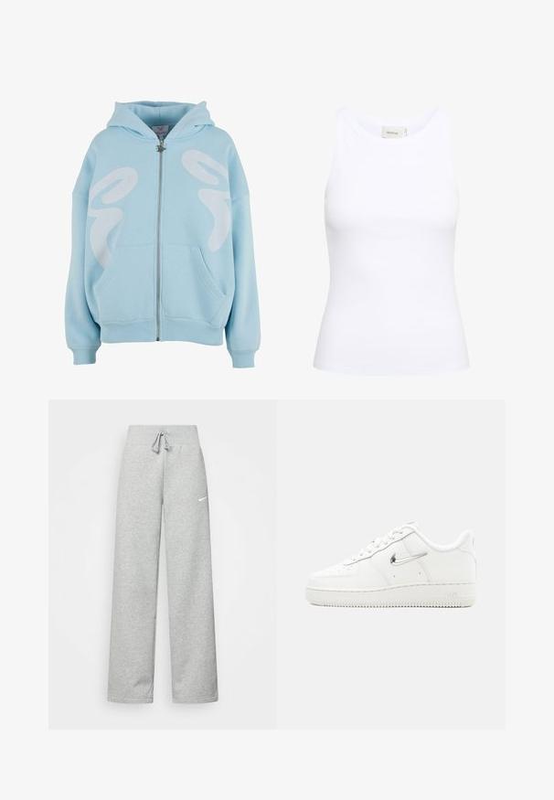 Sudadera con cremallera de color azul claro, hecha de tela suave, que presenta un gran diseño gráfico en blanco en el frente, bolsillos tipo canguro y puños acanalados.; Top sin mangas de canalé blanco con escote redondo. Tejido elástico y diseño ajustado. La etiqueta en la parte posterior dice "GESTUZ."; Pantalones de chándal grises con cintura elástica, detalle de cordón y un pequeño logo blanco de Nike en el muslo izquierdo. Tejido suave, de corte holgado.; Zapatilla Nike Air Force 1 blanca con logo Swoosh metálico plateado, cordones en la parte frontal, puntera perforada y suela de goma texturizada.