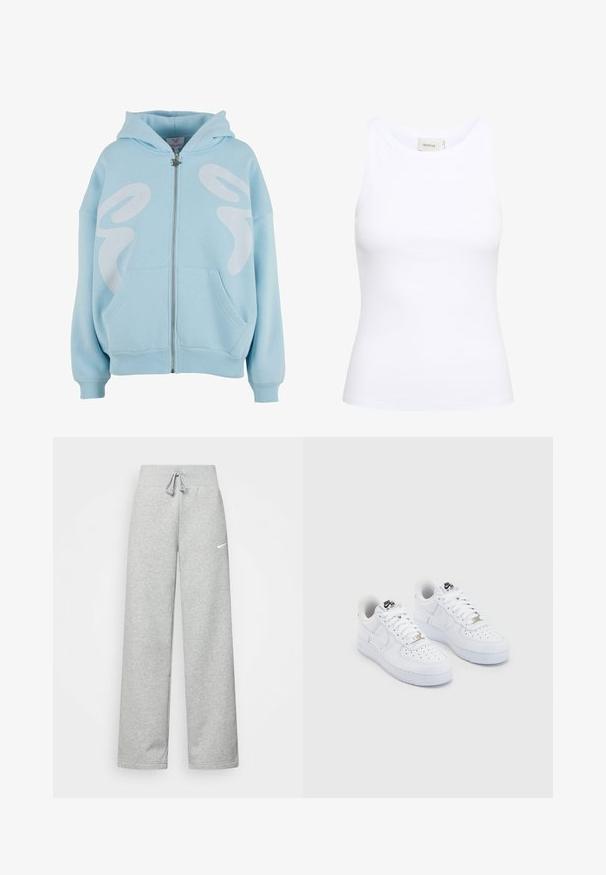 Lichtblauwe rits hoodie gemaakt van zachte stof, met een groot wit grafisch ontwerp op de voorkant, kangoeroezakken en geribde manchetten.; Witte geribde tanktop met een ronde halslijn en zonder mouwen. Rekbaar materiaal en een aansluitend ontwerp. Het label op de achterkant zegt "GESTUZ."; Grijze sweatpants met een elastische tailleband, een trekkoord-detail en een klein wit Nike-logo op de linkerdij. Zachte stof, losvallend.; Witte Nike Air Force 1 sneakers met een glad leren bovenwerk, geperforeerde teenbox, witte veters en zwarte branding op de tong.