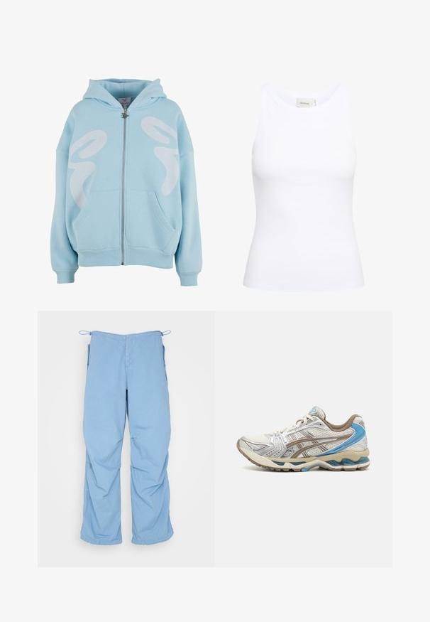 Lichtblauwe rits hoodie gemaakt van zachte stof, met een groot wit grafisch ontwerp op de voorkant, kangoeroezakken en geribde manchetten.; Witte geribde tanktop met een ronde halslijn en zonder mouwen. Rekbaar materiaal en een aansluitend ontwerp. Het label op de achterkant zegt "GESTUZ."; Lichtblauwe, wijde broek van zachte stof. Voorzien van een koord in de taille, twee zijzakken en een relaxte pasvorm met schone stiksels.; Witte en beige hardloopschoen met blauwe accenten, mesh bovenwerk, gewatteerde zool en vetersluiting, getoond vanaf de buitenkant.