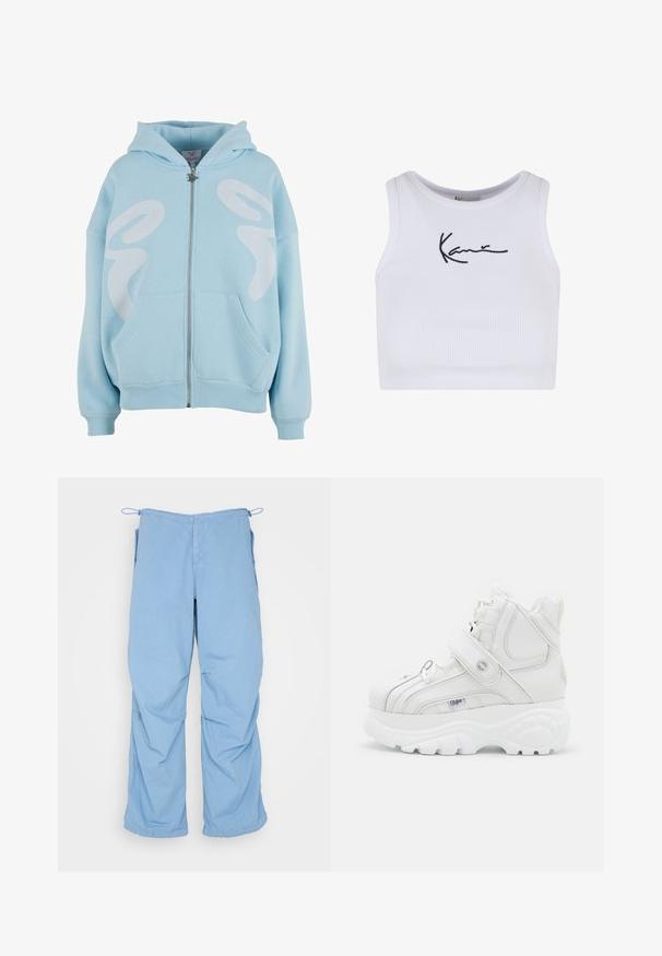 Hoodie zippé bleu clair en tissu doux, avec un grand design graphique blanc sur le devant, des poches kangourou et des poignets côtelés.; Crop top blanc côtelé avec un col arrondi et un logo noir brodé sur le devant. Coupe près du corps pour un ajustement parfait.; Pantalons larges de couleur bleu clair en tissu doux. Dotés d'une taille à cordon, de deux poches latérales et d'une coupe décontractée avec des coutures soignées.; Baskets montantes blanches en cuir, dotées d'une sangle à boucle, d'un bout rond, d'une semelle épaisse et de détails de couture verticaux.