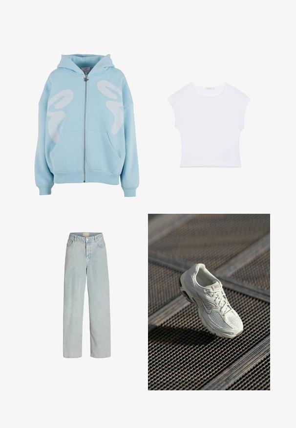 Helleblaue Zip-Hoodie aus weichem Stoff, mit einem großen weißen Grafikdesign auf der Vorderseite, Kängurutaschen und gerippten Bündchen.; Weißes kurzärmeliges, bauchfreies T-Shirt mit rundem Ausschnitt aus glattem Stoff, flach auf einem weißen Hintergrund liegend.; Hellblaues Denim-Jeans mit weitem Bein und hoher Taille, vorderen Taschen und Knopfverschluss. Der Stoff wirkt weich und leicht strukturiert.; Weiße Nike-Laufschuhe mit Mesh- und synthetischem Obermaterial, die auf einem Metallgittersockel im sanften natürlichen Licht liegen.