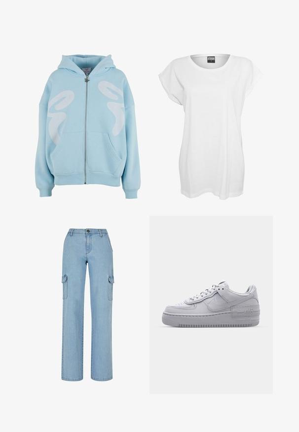 Sudadera con cremallera de color azul claro, hecha de tela suave, que presenta un gran diseño gráfico en blanco en el frente, bolsillos tipo canguro y puños acanalados.; Camiseta blanca de manga corta hecha de algodón, con un corte relajado, cuello ancho y un diseño minimalista sin patrones ni adornos.; Pantalones cargo de mezclilla azul claro con un ajuste holgado, bolsillos frontales y dos bolsillos laterales de parche. Presenta costuras cosidas y cierre con botón de metal.; Zapatilla Nike Air Force 1 gris con puntera perforada, parte superior de cuero suave, suela gruesa y detalle en relieve 'AIR' en el talón.
