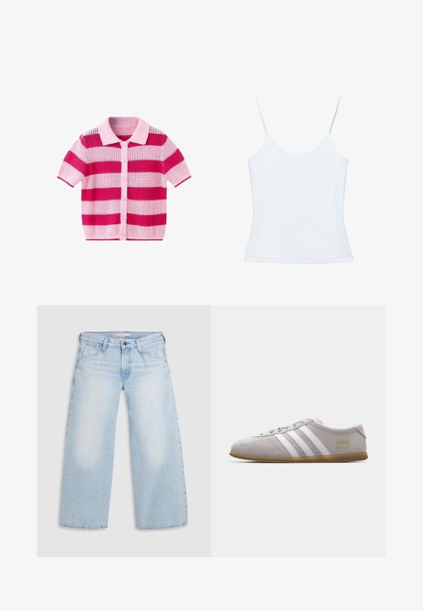 Cardigan en maille à manches courtes avec de larges rayures horizontales roses et rouges, boutonné sur le devant et col pointu.; Camisole blanche pour femme avec fines bretelles spaghetti et un design ajusté et sobre.; Jean large bleu clair en denim. Présente une coupe droite, un design à cinq poches et une fermeture par bouton à la taille.; Baskets en daim gris avec des rayures en cuir blanc et un logo doré. Semelle en gomme plate, bout rond et design classique à lacets.