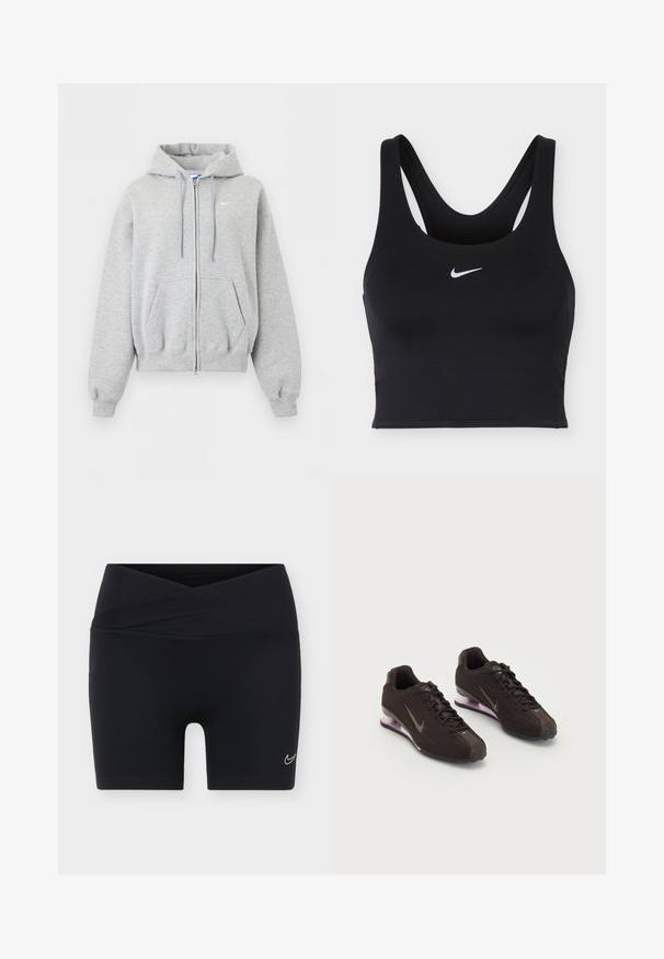 Sudadera con capucha y cremallera en gris claro, con bolsillos delanteros, capucha con cordón, puños y bajo ribeteados, y pequeño logo blanco de Nike en el pecho.; Sujetador deportivo negro de Nike con tirantes anchos y logo blanco de Nike Swoosh centrado en la parte delantera.; Pantalones cortos deportivos negros con cintura cruzada y pequeño logo blanco de Nike Swoosh en la pierna izquierda sobre un fondo liso.; Zapatillas deportivas negras con parte superior texturizada, detalles en marrón y una suela acolchada de aire en púrpura. Diseño con cordones y marca destacada.