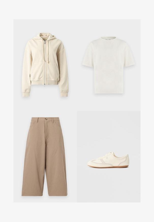 Sweat à capuche zippé beige avec cordons de serrage, poches avant en pouch, poignets et ourlet côtelés, présenté sur un fond gris clair uni.; T-shirt blanc cassé uni à manches courtes et col rond, coupe décontractée, présenté sur un fond clair.; Pantalons larges kaki en coton, dotés d'une taille haute, de poches frontales et d'une fermeture à bouton unique. Texture lisse et coupe droite.; Baskets couleur crème avec une tige en daim et tissu, un bout arrondi, et une semelle en caoutchouc avec un détail accent beige. Fermeture à lacets.