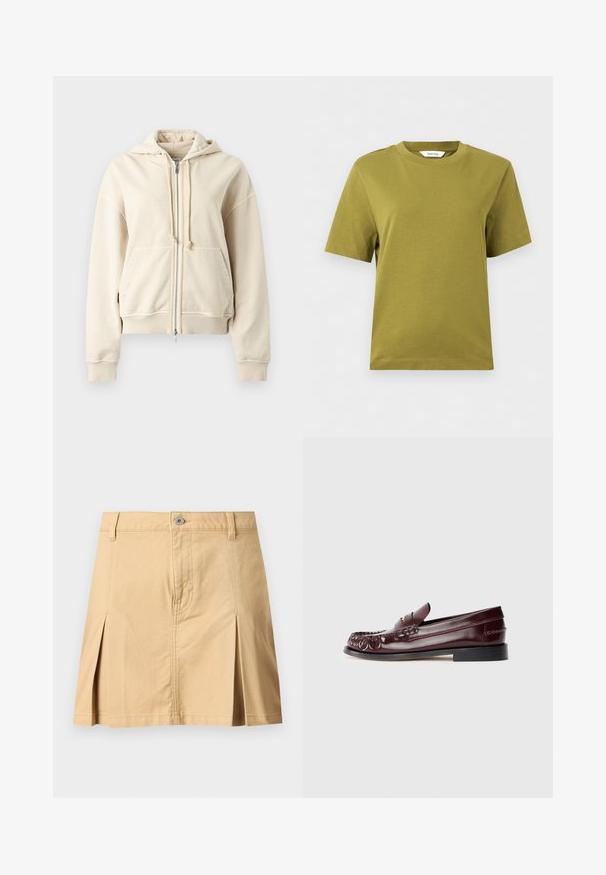 Sweat à capuche zippé beige avec cordons de serrage, poches avant en pouch, poignets et ourlet côtelés, présenté sur un fond gris clair uni.; T-shirt olive à manches courtes et col rond avec un ourlet droit, présenté sur un fond gris clair.; Jupe beige longueur genou avec passants de ceinture, fermeture à boutons sur le devant, deux plis avant et coutures visibles sur fond uni.; Mocassin penny en cuir bordeaux avec semelle noire et détail en métal doré sur le dessus, présenté en vue latérale sur fond blanc.