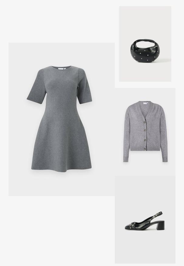 VILA VIRIL V-NECK KNIT CARDIGAN - NOOS - Kardigán - medium grey melange; Šedé áčkové šaty s krátkym rukávom a okrúhlym výstrihom, vyrobené z textúrovanej pleteniny, navrhnuté tak, aby priliehali na hornú časť tela a sukňou do áčka.; Čierne kožené lodičky so špicatou špičkou, štruktúrovaný popruh s kruhovými kovovými akcentmi a s blokovým podpätkom.; Čierna kožená kabelka s zaobleným tvarom, zdobená striebornými cvočkami a krátkym rúčkou. Hladká textúra a zapínanie na zips.