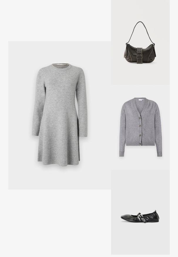 VILA VIRIL V-NECK KNIT CARDIGAN - NOOS - Vest - medium grey melange; Grijze langslavend dress van zachte stof; heeft een ronde halslijn en een ontspannen pasvorm, die iets uitloopt aan de zoom met zijsplitten.; Zwarte leren platte schoen met een spitse neus, geplooide details rond de opening en een zilveren gespaccentueerde verstelbare band.; Zwarte leren schoudertas met gespsluiting aan de riem, afgeronde hoeken en contrasterende witte stiksels op een effen achtergrond.