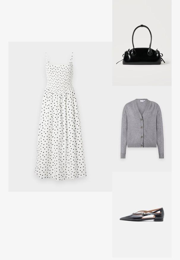 VILA VIRIL V-NECK KNIT CARDIGAN - NOOS - Vest - medium grey melange; Witte midi-jurk met zwarte stippen, met een gesmockte korsage, dunne schouderbandjes en een vloeiende rok. Zachte stof met een lichte textuur.; Zwarte leren platte schoenen met een puntige neus, open zijkanten en een klein enkelbandje met een zilveren gespaccent.; Kleine zwarte glanzende handtas met twee lange hengsels en zijkant trekkoord details op een effen lichte achtergrond.