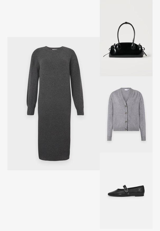 VILA VIRIL V-NECK KNIT CARDIGAN - NOOS - Strickjacke - medium grey melange; Dunkelgraues Strickkleid mit langen Ärmeln, rundem Ausschnitt und gerippten Bündchen. Knielang und mit glatter Textur. Einfaches Design ohne Muster.; Schwarzer Lederflatschuh mit runder Zehenform, einem verstellbaren Schnallenriemen und einer glatten, glänzenden Oberfläche. Minimalistisches Design mit einem niedrigen Absatz.; Kleine schwarze glänzende Handtasche mit zwei langen Griffen und seitlichen Kordelzug-Details vor einfachem hellem Hintergrund.