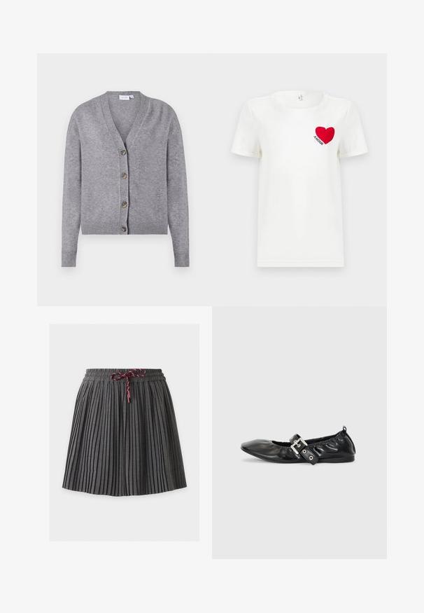 VILA VIRIL V-NECK KNIT CARDIGAN - NOOS - Vest - medium grey melange; Witte T-shirt met korte mouwen met een rode hart en het woord "AMOUR" gedrukt op de linkerkant van de borst.; Donkergrijze geplooide rok met een elastische tailleband en een gebonden bordeaux koord aan de voorkant in het midden.; Zwarte leren platte schoen met een spitse neus, geplooide details rond de opening en een zilveren gespaccentueerde verstelbare band.