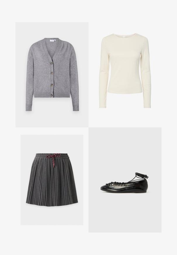 VILA VIRIL V-NECK KNIT CARDIGAN - NOOS - Kardigán - medium grey melange; Hladká, dlhá, krémovo sfarbená dámska košeľa s dlhým rukávom a okrúhlym výstrihom, vystavená na bielom pozadí.; Tmavosivá plisovaná sukňa s elastickým pásom a viazanou bordovou šnúrkou v strede vpredu.; Čierne baleríny z lakovanej kože s okrúhlou špičkou, šnurovačkou a plochou podrážkou. Hladká textúra s minimálnymi detailmi.