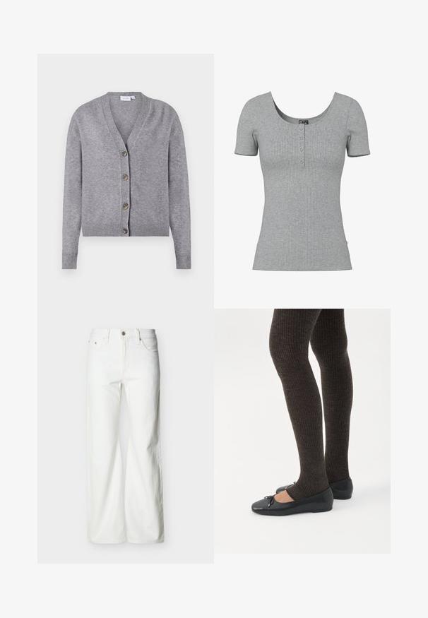 VILA VIRIL V-NECK KNIT CARDIGAN - NOOS - Kardigán - medium grey melange; Sivý rebrovaný krátky rukáv s výstrihom do U a štyrmi malými gombíkmi v strede prednej časti.; Biele rifle s vysokým pásom a rovnými nohavicami, s predným zapínaním na gombíky a zips, pásové a zadné vrecká, na jednofarebnom svetlom pozadí.; Nohy v tmavých pásikavých legínach v kombinácii s čiernymi balerínkami s malými mašličkami na bielom pozadí.