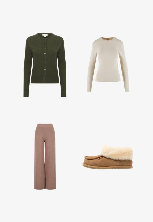 Cardigan côtelé vert olive avec longues manches, boutonnage devant, encolure arrondie et tissu texturé. Dispose de boutons assortis pour la fermeture.; Haut beige à manches longues en côte avec un col rond ; présente un design ajusté et un petit logo en détail sur le poignet.; Pantalons en maille marron à jambe large avec un tissu texturé, dotés d'une taille élastique et d'une coupe ample pour le confort.; Chausson en suede marron avec un doux revers en fausse fourrure crème, bout arrondi et semelle texturée pour une meilleure adhérence. Présente un accent décoratif sur le côté.