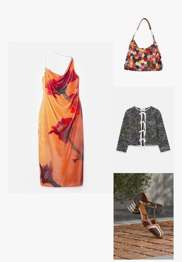 Cardigan med blomster mønster i grøn, blå og gul på sort baggrund, med en hvid snørelukning og lange ærmer.; Satin kjole med et levende orange og blomstermønster, der har én strop med kædeaccent og en draperet silhuet.; Brun og pink sandal med hæl, tekstureret overdel, T-rem og hæl med geometrisk mønster. Lædermateriale, spænde som accent.; Håndtaske med brun læderrem og flerfarvede læderblomst patches, der dækker hoveddelen i forskellige efterårsnuancer.