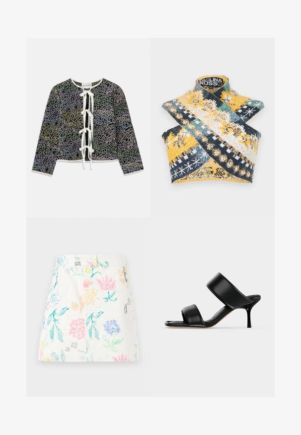 Roheline, sinine ja kollane lilleline mustriline kardigan mustal taustal, millel on valge sidumisrihm ja pikad varrukad.; Paolina Russo WARRIOR CROSSOVER - Topp - indigo; Soulland SKIRT - Pliiatsseelik - white; Mustast nahast mule-tüüpi sandaal kahe laia rihmaga ja õhukese keskmise kõrgusega kontsaga lihtsal heledal taustal.