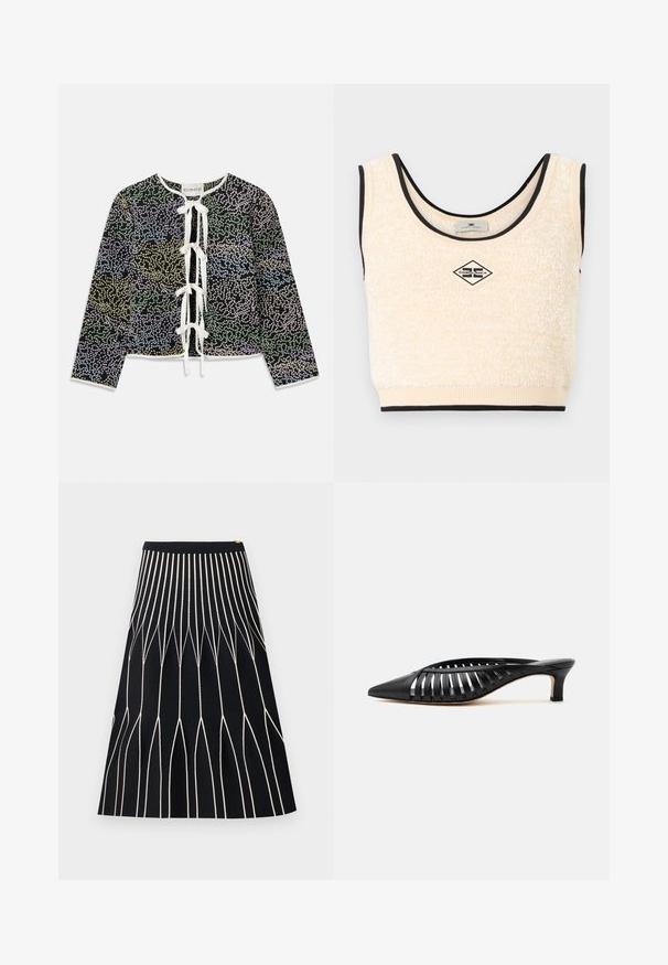 Sveter s kvetinovým vzorom v zelenej, modrej a žltej farbe na čiernom pozadí, s bielym viazaním a dlhými rukávmi.; Krémlový bezrukávový crop top s textúrou, s čiernou lemovkou a uprostred umiestnenou logom v tvare diamantu s nápisom "Elisabetta Franchi".; Čierna midi sukňa s bielymi vertikálnymi geometrickými čiarami tvoriacimi predĺžené diamantové tvary a priliehavým pásom.; Čierne kožené mule s ostrou špičkou, pásikový výrezový dizajn a nízky opätok kitten na bielom pozadí.