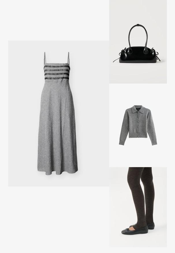 Cárdigan gris con cuello, con botones en el frente y dobladillo acanalado. Fabricado con tejido suave, cuenta con mangas largas y seis botones a juego.; Vestido midi de cuadro vichy en blanco y negro con tirantes finos, detalle de encaje en el busto, cintura ajustada y falda acampanada.; Piernas con leggings oscuros acanalados combinados con bailarinas negras que presentan pequeños detalles de lazo sobre un fondo blanco.; Pequeño bolso negro brillante con dos asas largas y detalles de cordón lateral sobre un fondo claro liso.