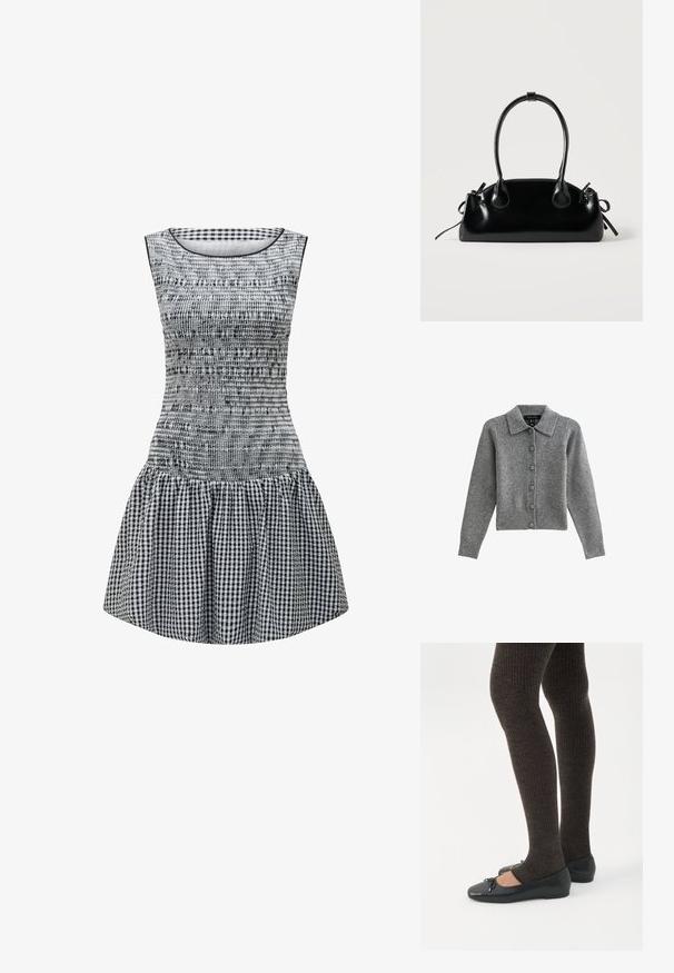 Grijze cardigan met een kraag, knopen aan de voorkant en een geribbelde zoom. Gemaakt van zacht materiaal, heeft het lange mouwen en zes bijpassende knopen.; Zwart-wit geruite jurk met een aansluitend lijfje, smocktextuur en een uitlopende rok. Eenvoudige ronde halslijn en mouwloos ontwerp.; Benen met donkere geribbelde leggings gecombineerd met zwarte ballerina's met kleine strikdetails op een witte achtergrond.; Kleine zwarte glanzende handtas met twee lange hengsels en zijkant trekkoord details op een effen lichte achtergrond.