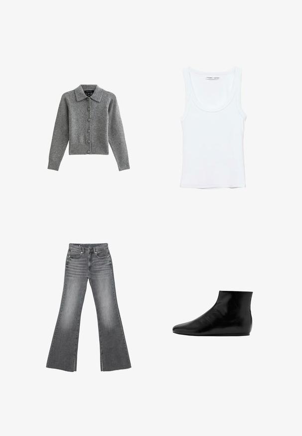 Grijze cardigan met een kraag, knopen aan de voorkant en een geribbelde zoom. Gemaakt van zacht materiaal, heeft het lange mouwen en zes bijpassende knopen.; Effen witte mouwloze tanktop met ronde hals, gemaakt van zachte stof, met een label aan de binnenkant van de kraag dat merk en maat aangeeft.; Grijze verwassen spijkerbroek met hoge taille, sluiting met knopen aan de voorkant en rits, voorzien van uitlopende wijde pijpen en voor- en achterzakken.; Zwarte leren enkelboot met een glad oppervlak, platte zool, ronde neus en een minimalistisch ontwerp.