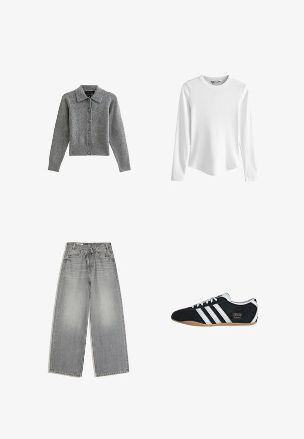 Cardigan gris avec col, boutonnière et ourlet côtelé. Fabriqué en tissu doux, il présente des manches longues et six boutons assortis.; Haut blanc à manches longues côtelé avec encolure ronde et ourlet légèrement arrondi, présenté sur un fond blanc uni.; Jean en denim gris à jambes larges avec fermeture par bouton et zip, poches avant et passants de ceinture, posé à plat sur fond blanc.; Sneakers en suede noir avec trois bandes blanches, logo doré et semelle en caoutchouc marron. Présente un design à lacets à profil bas.
