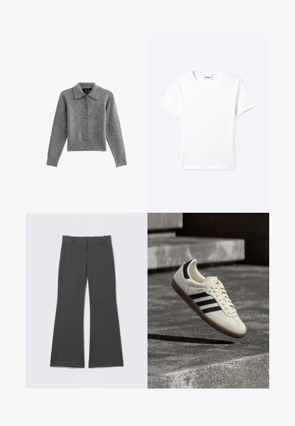 Cárdigan gris con cuello, con botones en el frente y dobladillo acanalado. Fabricado con tejido suave, cuenta con mangas largas y seis botones a juego.; Camiseta blanca lisa de manga corta con cuello redondo y una pequeña etiqueta "WEEKDAY" dentro del cuello, mostrada extendida sobre un fondo claro.; Pantalones acampanados grises hechos de tela ligera. Cuentan con una cintura plana, costuras sutiles y una textura suave sin patrones visibles.; Zapatilla blanca Adidas Samba con franjas negras y suela de goma, flotando sobre escalones de hormigón gris texturizado.