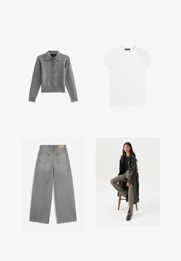 Grijze cardigan met een kraag, knopen aan de voorkant en een geribbelde zoom. Gemaakt van zacht materiaal, heeft het lange mouwen en zes bijpassende knopen.; Wit T-shirt met korte mouwen en ronde hals met raglanmouwen en een zwart label aan de binnenkant van de kraag met daarop Massimo Dutti.; Grijze wijde denim jeans met achterkant met twee zakken en riemlussen plat op een witte achtergrond gelegd.; Zwarte leren trenchcoat met knopen en riemdetails, gecombineerd met lichtbruine getailleerde broek en zwarte loafers, zittend op een houten kruk.