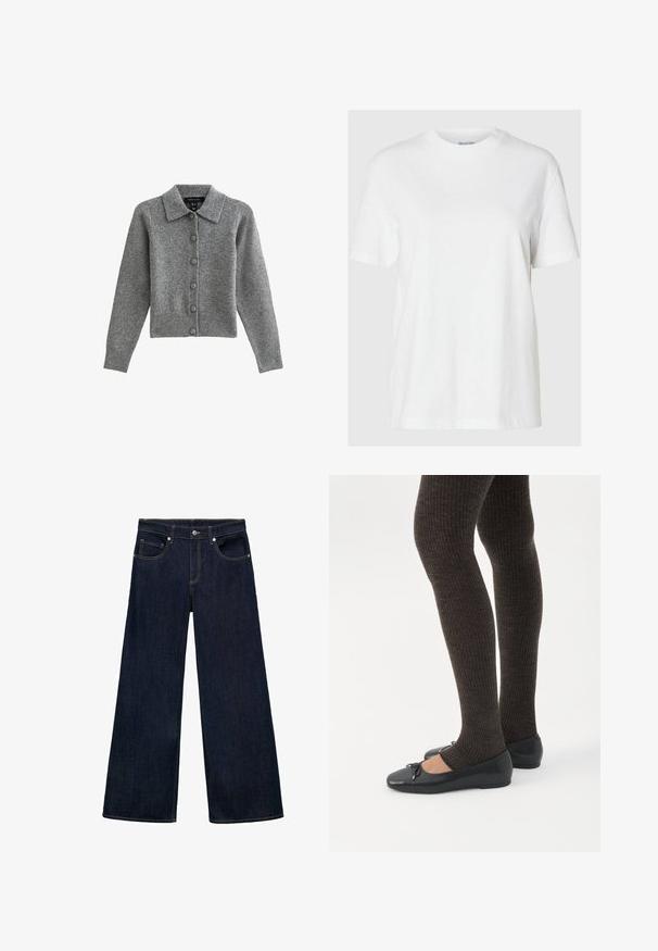 Grijze cardigan met een kraag, knopen aan de voorkant en een geribbelde zoom. Gemaakt van zacht materiaal, heeft het lange mouwen en zes bijpassende knopen.; Witte katoenen t-shirt met korte mouwen en een ronde halslijn. Heeft een relaxte pasvorm en een minimalistisch ontwerp zonder patronen of accenten.; Donkerblauwe denim wijde jeans met een hoge taille, voorzien van vijf zakken, metalen knoopsluiting en zichtbare stikselaccenten.; Benen met donkere geribbelde leggings gecombineerd met zwarte ballerina's met kleine strikdetails op een witte achtergrond.
