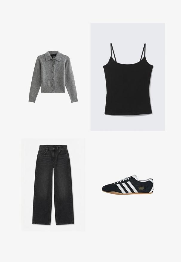 Grijze cardigan met een kraag, knopen aan de voorkant en een geribbelde zoom. Gemaakt van zacht materiaal, heeft het lange mouwen en zes bijpassende knopen.; Zwart, mouwloos, cropped tanktopje met dunne schouderbandjes en een rechte halslijn op een lichtgrijze achtergrond.; Zwarte wijde jeans met knopen en rits aan de voorkant, riemlussen en ontwerp met vijf zakken, op een effen witte achtergrond.; Zwarte suède sneaker met witte drie strepen, gouden logo en een bruine rubberen zool. Heeft een laag profiel vetersluiting ontwerp.