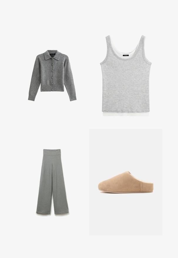 Grijze cardigan met een kraag, knopen aan de voorkant en een geribbelde zoom. Gemaakt van zacht materiaal, heeft het lange mouwen en zes bijpassende knopen.; Gestapelde mouwloze tanktops, één lichtgrijs en één wit, beide gemaakt van zachte katoenen stof.; Grijze wijde broek van een zachte, gestructureerde stof met een hoge tailleband, met een eenvoudige, strakke uitstraling zonder patronen of versieringen.; Beige suède instapslof met zachte voering en platte zool, gesloten neus, open achterkant en subtiel "UGG" logo aan de zijkant.