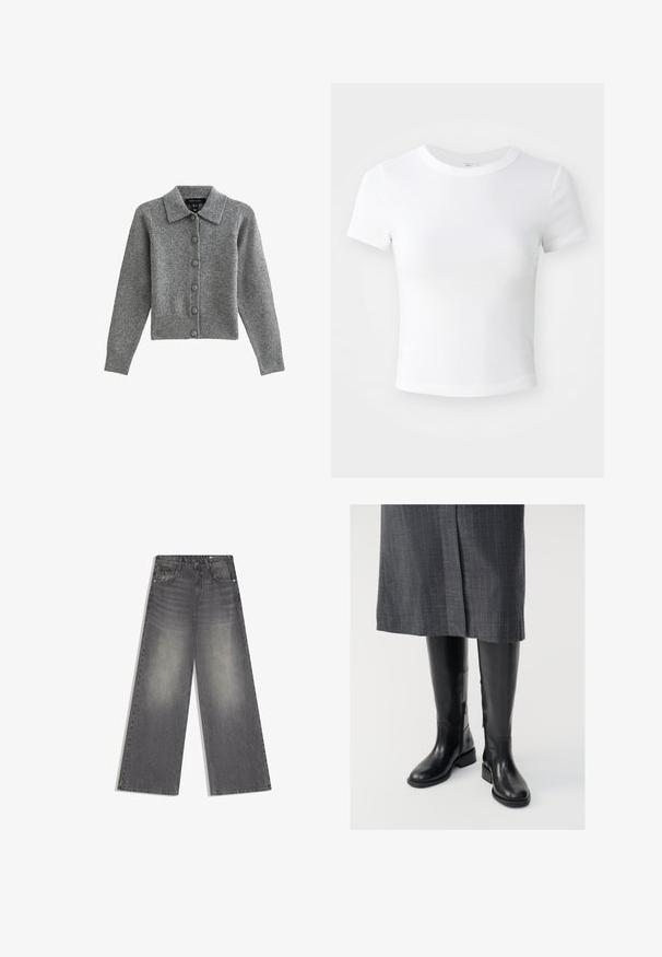 Grijze cardigan met een kraag, knopen aan de voorkant en een geribbelde zoom. Gemaakt van zacht materiaal, heeft het lange mouwen en zes bijpassende knopen.; Effen witte cropped t-shirt met korte mouwen en ronde hals, weergegeven op een neutrale lichte achtergrond.; Wijd uitlopende, hooggesneden grijze spijkerbroek met vervaagde details, voorste knoopsluiting en ritssluiting, en zakken, op een witte achtergrond.; Zwarte leren laarzen tot de knie met een gladde textuur, zijritsen en een platte zool. De laarzen hebben een gestructureerde schacht en minimale hardware.