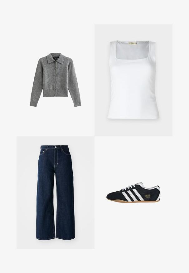 Cárdigan gris con cuello, con botones en el frente y dobladillo acanalado. Fabricado con tejido suave, cuenta con mangas largas y seis botones a juego.; Top de tirantes blanco con escote cuadrado, hecho de una tela suave. Presenta tirantes anchos y una silueta ajustada. Sin patrones ni adornos visibles.; Vaqueros de mezclilla oscuros de pierna ancha con costuras de contraste, diseño de cinco bolsillos y cierre de botón en la cintura.; Zapatillas de ante negro con tres franjas blancas, logotipo dorado y suela de goma marrón. Presentan un diseño de cordones de perfil bajo.