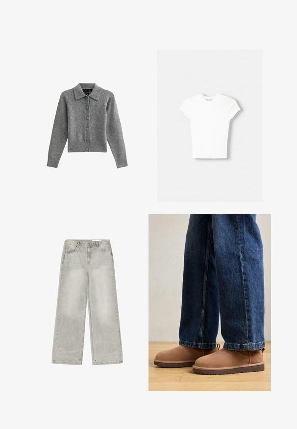 Grijze cardigan met een kraag, knopen aan de voorkant en een geribbelde zoom. Gemaakt van zacht materiaal, heeft het lange mouwen en zes bijpassende knopen.; Witte t-shirt met korte mouwen van zachte katoen, met een ronde halslijn en een getailleerde vorm. Geen zichtbare patronen of versieringen.; Grijze denim jeans met wijd uitlopende pijpen, een vervaagde afwerking, vijf zakken en metalen details. De stof heeft een zachte textuur met een nette zoom.; Bruine suède enkelboots met een platte zool, ronde neus en een klein aantrek-lipje, gecombineerd met blauwe denim jeans met een rechte pasvorm.