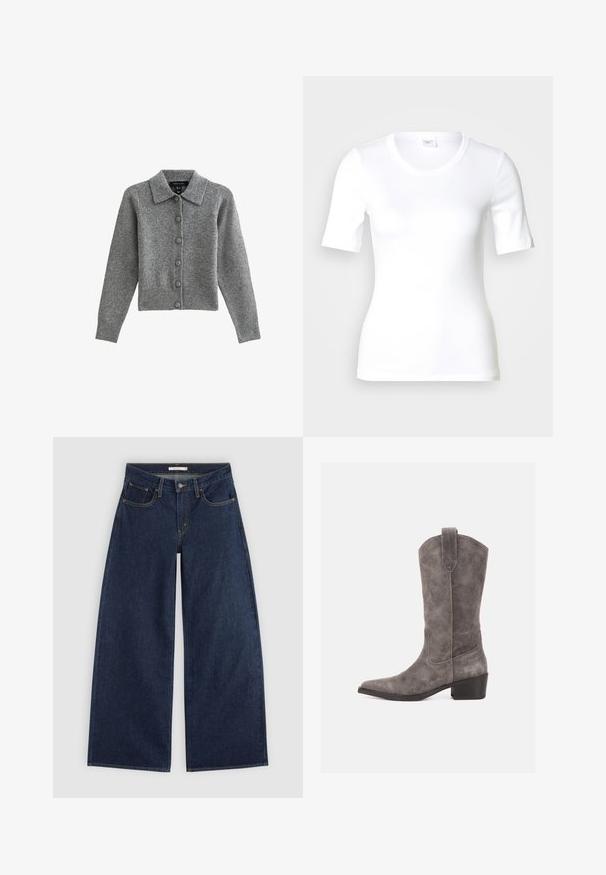 Cárdigan gris con cuello, con botones en el frente y dobladillo acanalado. Fabricado con tejido suave, cuenta con mangas largas y seis botones a juego.; Camiseta blanca de manga corta hecha de algodón liso, con escote redondo y forma ajustada. Diseño clásico, sin estampados ni adornos.; Vaqueros azul oscuro de corte ancho con bolsillos delanteros, trabillas para cinturón y cierre de botón, mostrados extendidos sobre un fondo claro.; Bota western de ante gris hasta la mitad de la pantorrilla con puntera puntiaguda, lengüeta para tirar y tacón bajo y apilado sobre fondo blanco.