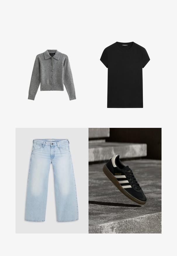 Grijze cardigan met een kraag, knopen aan de voorkant en een geribbelde zoom. Gemaakt van zacht materiaal, heeft het lange mouwen en zes bijpassende knopen.; Zwart T-shirt met korte mouwen en ronde hals met een zichtbaar merklabel bij de hals, gecentreerd op een witte achtergrond.; Lichtblauwe wijde jeans gemaakt van denim. Kenmerken zijn een rechte snit, een vijfzakkenontwerp en een knoopsluiting aan de taille.; Zwarte Adidas sneaker met witte strepen en gumzool die boven grijze betonnen trappen zweeft in natuurlijk licht.