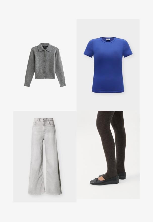 Cárdigan gris con cuello, con botones en el frente y dobladillo acanalado. Fabricado con tejido suave, cuenta con mangas largas y seis botones a juego.; Camiseta azul lisa de manga corta y cuello redondo mostrada desde el frente sobre un fondo blanco con una etiqueta de marca visible dentro del cuello.; Jeans de pierna ancha color gris claro hechos de mezclilla, con cintura alta, bolsillos delanteros y cierre de botones. Textura suave con un aspecto ligeramente desvanecido.; Piernas con leggings oscuros acanalados combinados con bailarinas negras que presentan pequeños detalles de lazo sobre un fondo blanco.